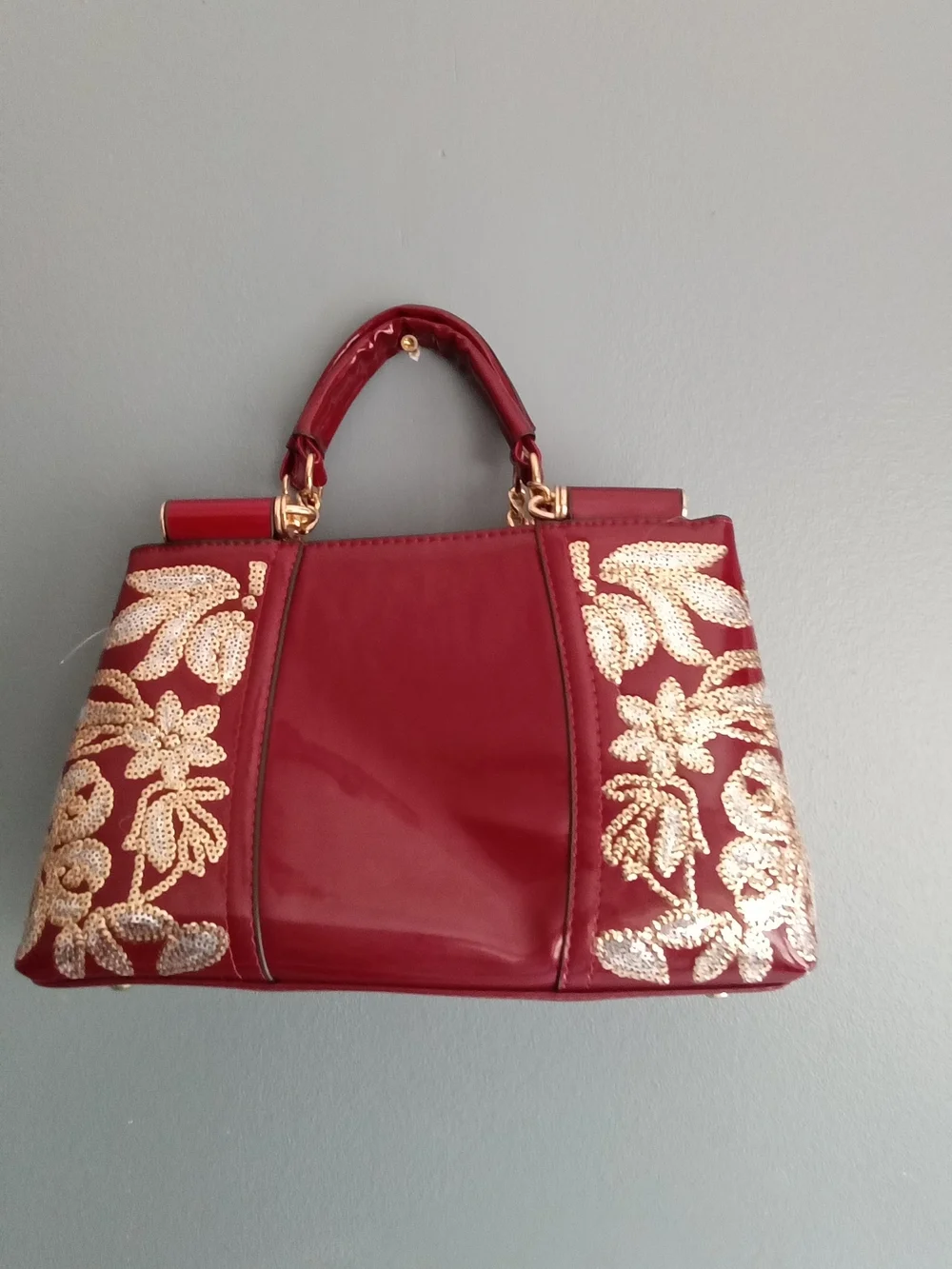 Red Patent Faux Leather Sequin Floral Embroidered Satchel Handbag Gold Hardware